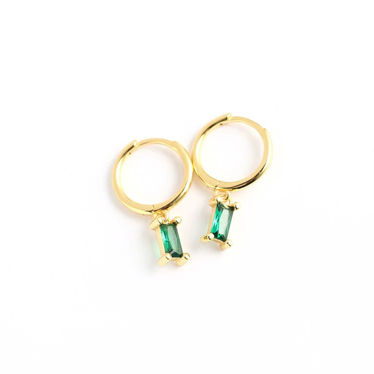 Dainty 18k Gold Plated 925 Sterling Silver Green Emerald Zircon baguette Hoop Earrings for Women