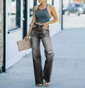 Hot Selling Women's Casual Wide Leg Pants Mid Waist Washed and Perforated Denim Pants