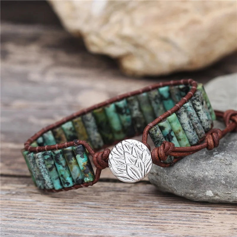 Boho Tube Beads Natural Stone African Turquoise Single Layer Leather Wrap Bracelet Handmade Gemstone Cuff Bracelet Wholesale