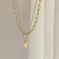 18K Gold Plated Waterproof Stainless Steel Link Chain Heart Pendant Necklace Double Layered with Diamond and Pearl Stone