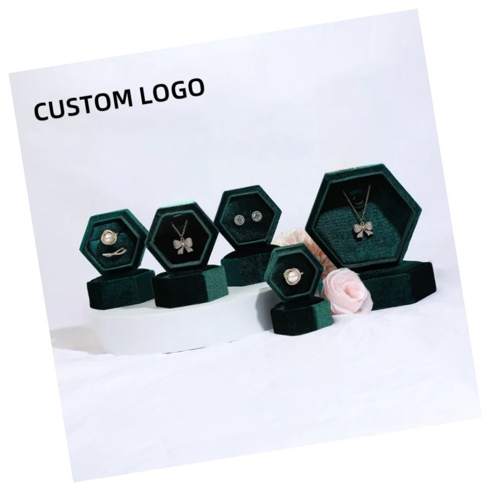Luxury Jewellery Packaging Case Mini Velvet Engagement Couple Single Ring Box Hexagon Dark Green Velvet Wedding Ring Box