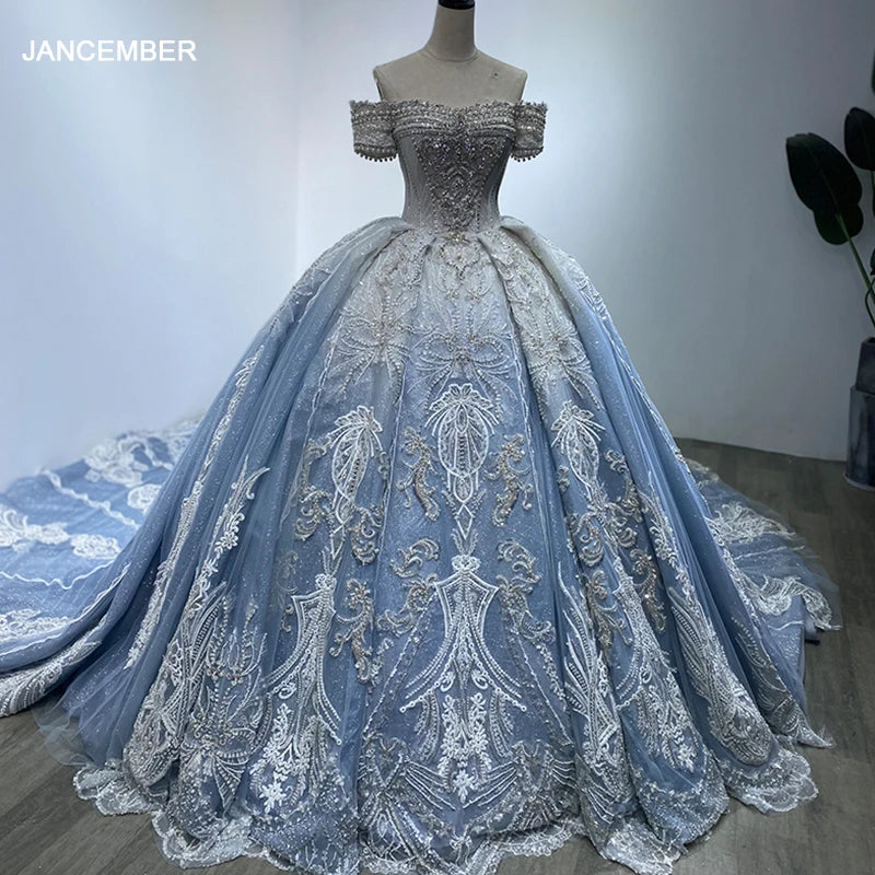 Real Photo Luxurious Dubai Blue Ball Gown Wedding Dress 2024 Saudi Arabia Princess Bride Gowns Wm20