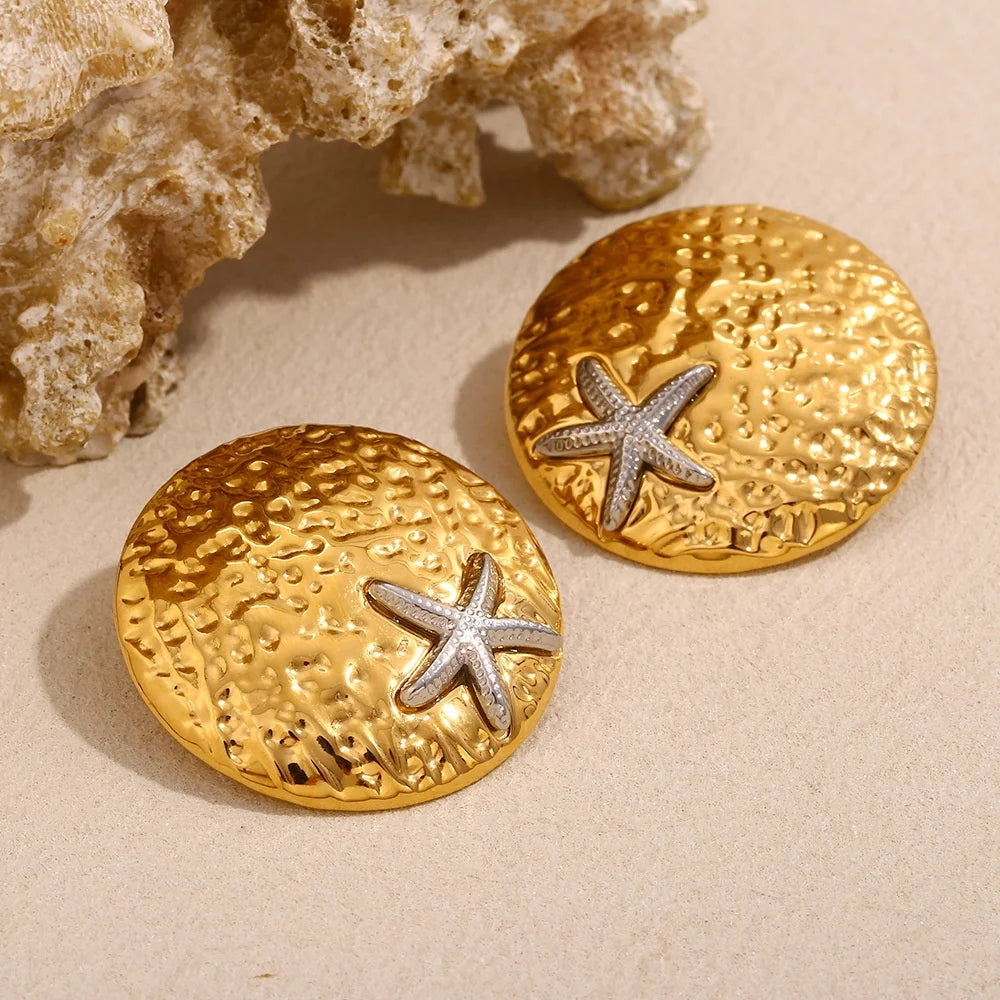 Wholesale Fashion Jewelry 18K Gold Stainless Steel Vintage Hammered Earrings Exquisite Starfish Round Stud Earrings for Women