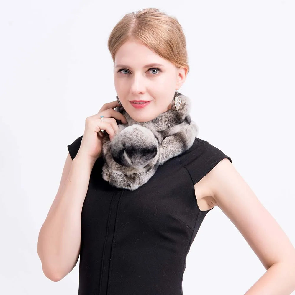 MWFur Chinchilla Rex Rabbit Fur Scarf with Ball Fashion Women Collar Scarf
