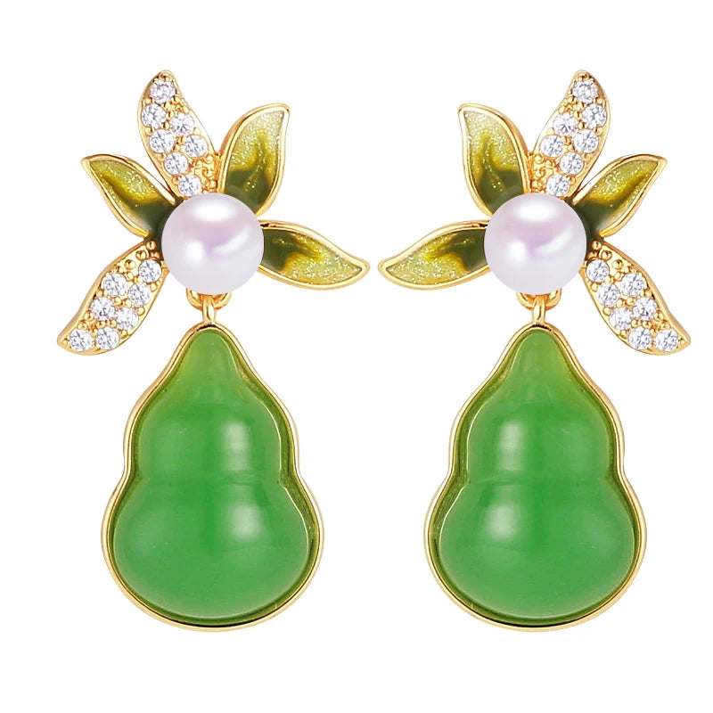 Women's New Chinese Style Freshwater Pearl Earrings Natural Jade Gourd Design Gift