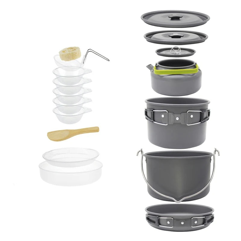 Portable Aluminum Alloy Outdoor Camping Cooking Set Cookware Utensils Tableware Hiking Picnic Kettle Pot Pan for 5-6 Persons