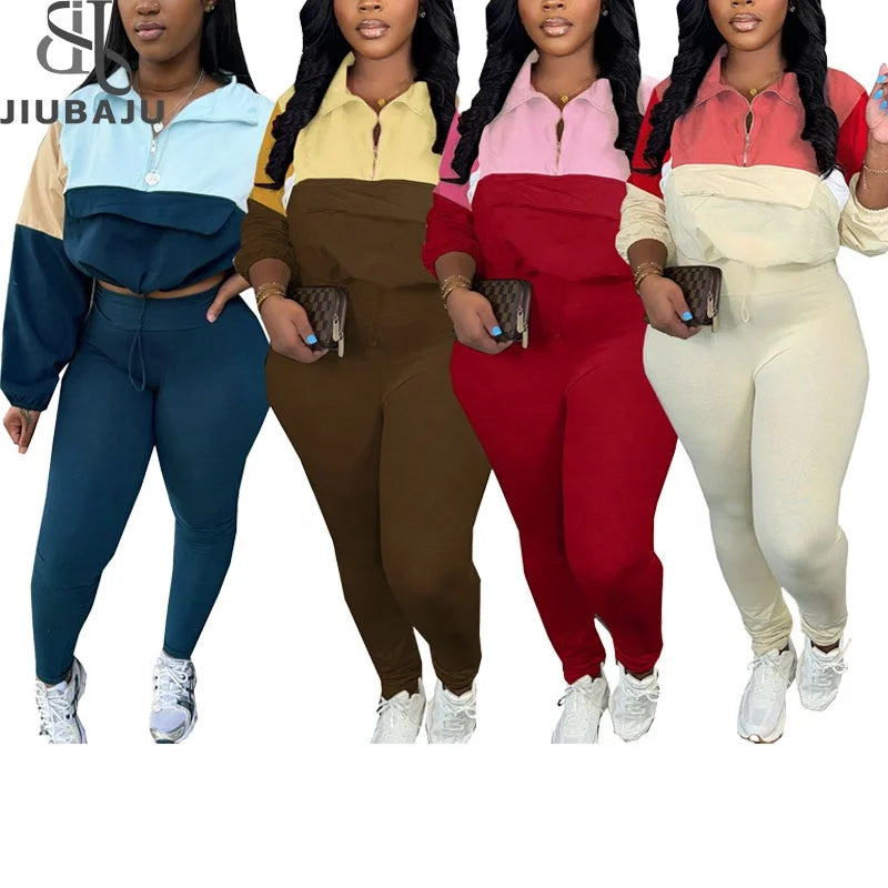 Color Block 2 Piece Sets Outfit Women Long Sleeve Zip Sweatshirts and Leggings Suits