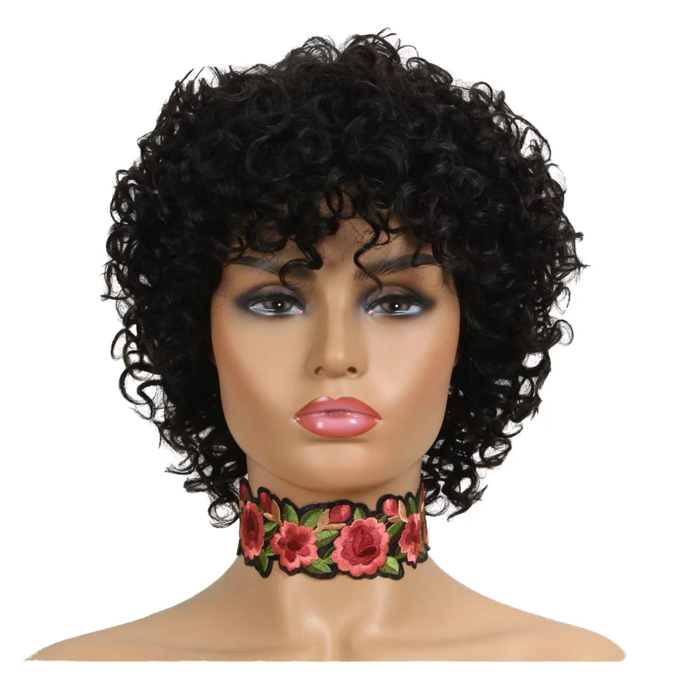 Wholesale Short Curly Wigs Bouncy Hair Afro Wave Brazilian Hair Pixie Cut Machine Made Human Hair Wig With Bangs for Black Women