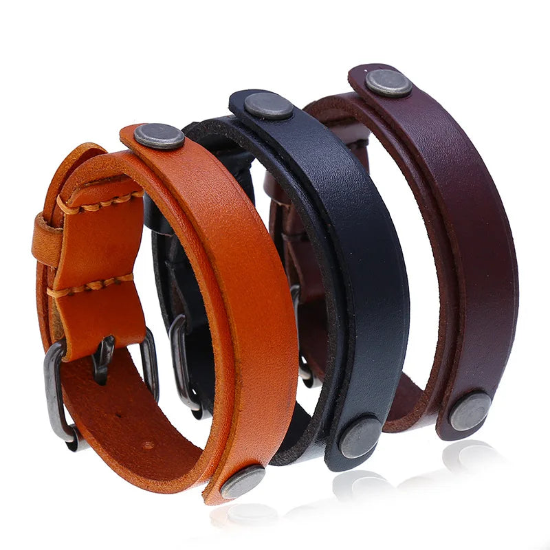 2025 New Punk Bangle Rock Real Genuine Leather Bracelet Charm Jewelry for Women Men Retro Cuff Bangle Arm Accessory Gift