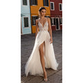 13518#Spaghetti Straps V Neck Sleeveless A-Line Soft Tulle Lace Bohemian Sweep Train Backless Split Wedding Dress Bridal Gown