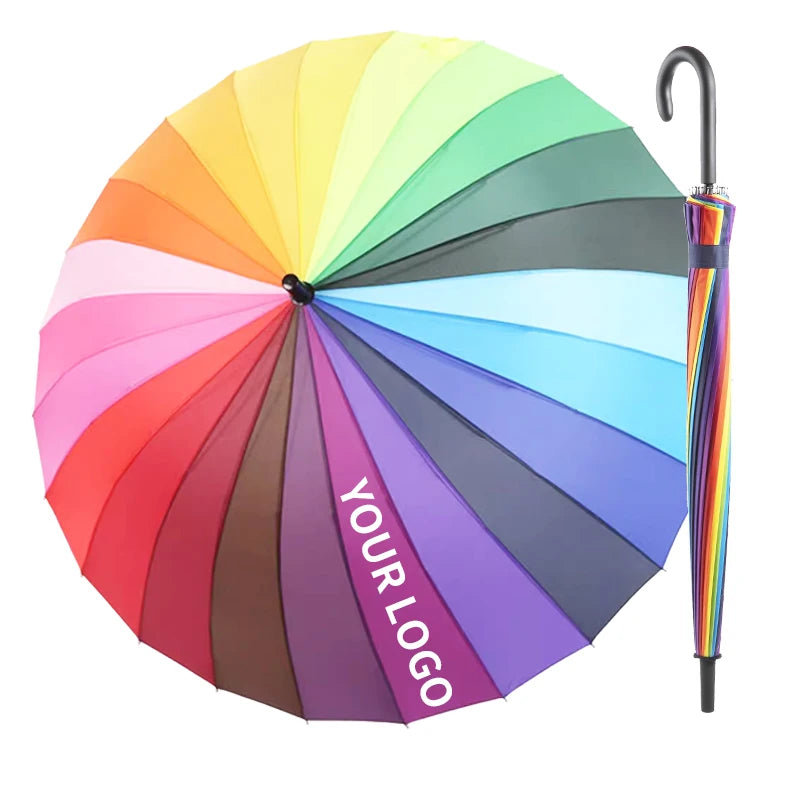 Wholesale Luxury 24 Rib Rainbow Umbrella Custom Logo J Handle with High UV Protection and Wind-Proof Features