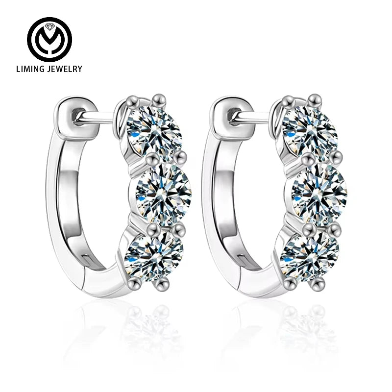 XKZ005 Luxury Three Diamond  925 Sterling Silver Wedding Engagement Fine Jewelry 0.9Ct Moissanite Hoop Earrings for Women