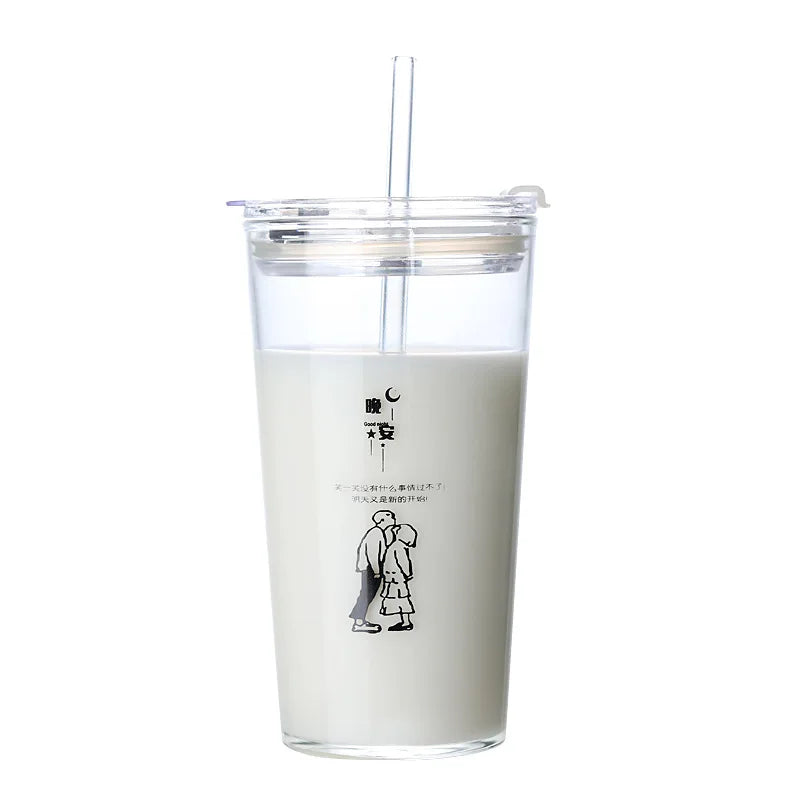 ins female heat-resistant couple straw cup office large capacity with cover high borosilicate thick bottom milk glass cup