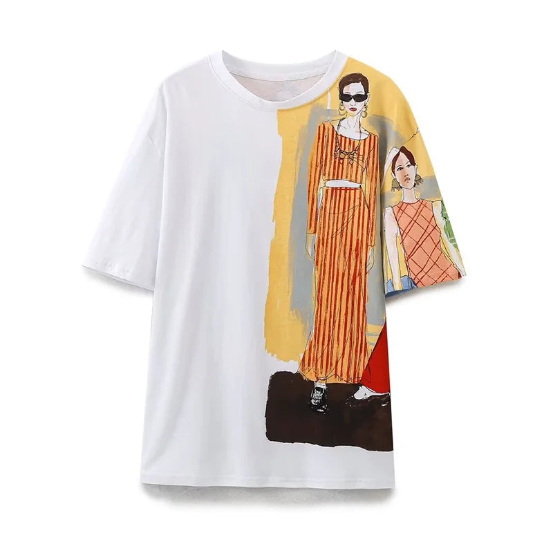 ZATRHMBM Women's 2024 New Fashion Girls Pattern T-Shirt Tops Retro Classic Round Neck Short Sleeve Casual Tops