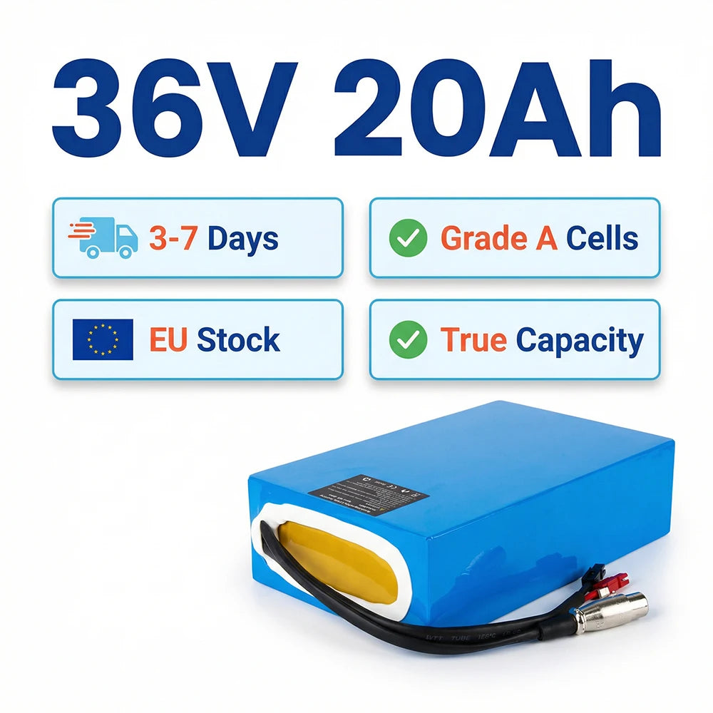 Germany 36V 20Ah Waterproof PVC Lithium Battery for E-Bikes Scooters 2600mAh 10s8p China Cells with 20A BMS 3A Big Warhead Plug