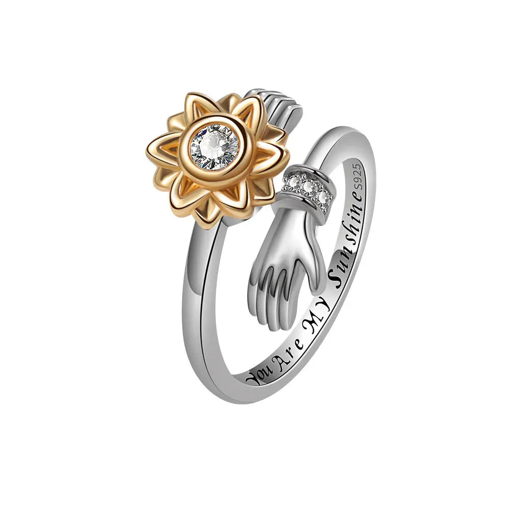 925 Sterling Silver Women's Fashion Jewelry Spinner Ring Sunflower Hug Hand Relief Fidget Anti-Anxiety for Weddings