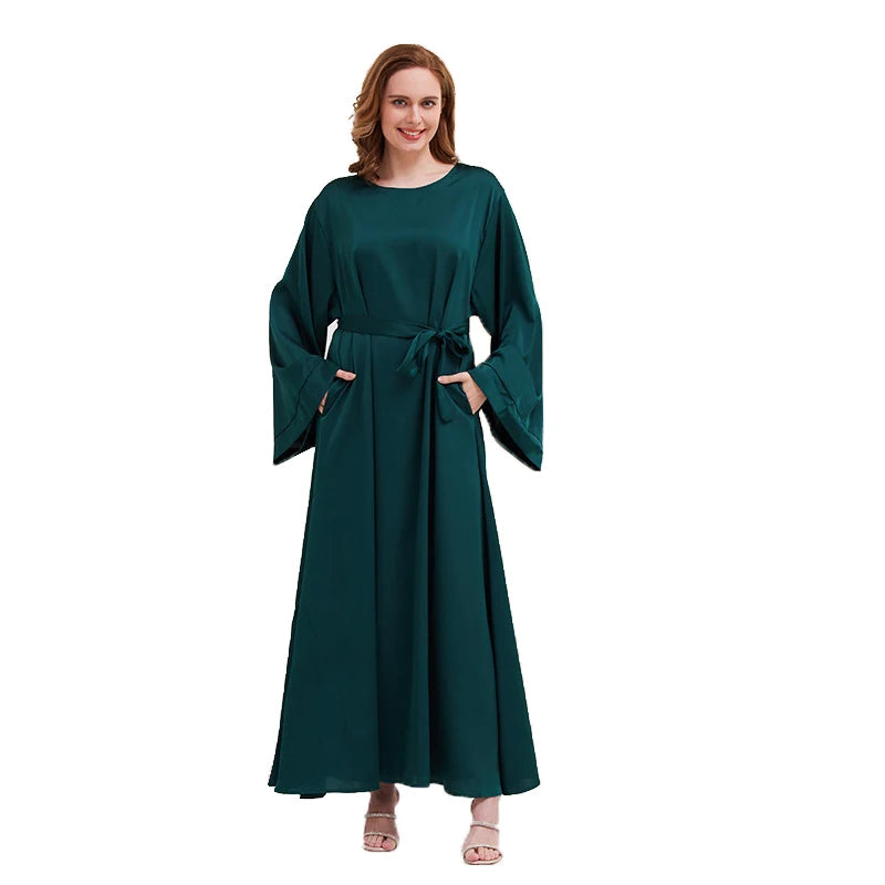 Elegant Dubai Turkey Arab Oman Satin Dress for Women Solid Color Long Sleeve Islamic Clothing Floor-Length Abaya Woven Method