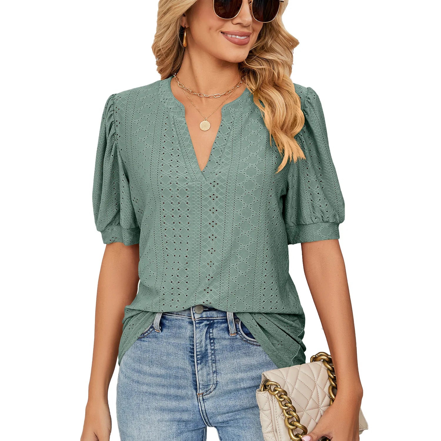 Summer New Casual V-Neck Solid Color Bubble Sleeve Loose T-Shirt Women Shirt