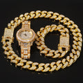 Men's Retro Three-Piece Set Popular Hip Hop Watch Rhinestone Bracelet Necklace-Alloy Jewelry for Anniversaries