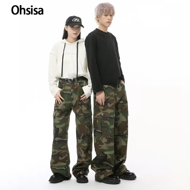 Ohsisa Camo Pants for Men & Women Loose Fit Cargo Trousers with Large Pockets Casual Cargo Pantalon Homme for Men
