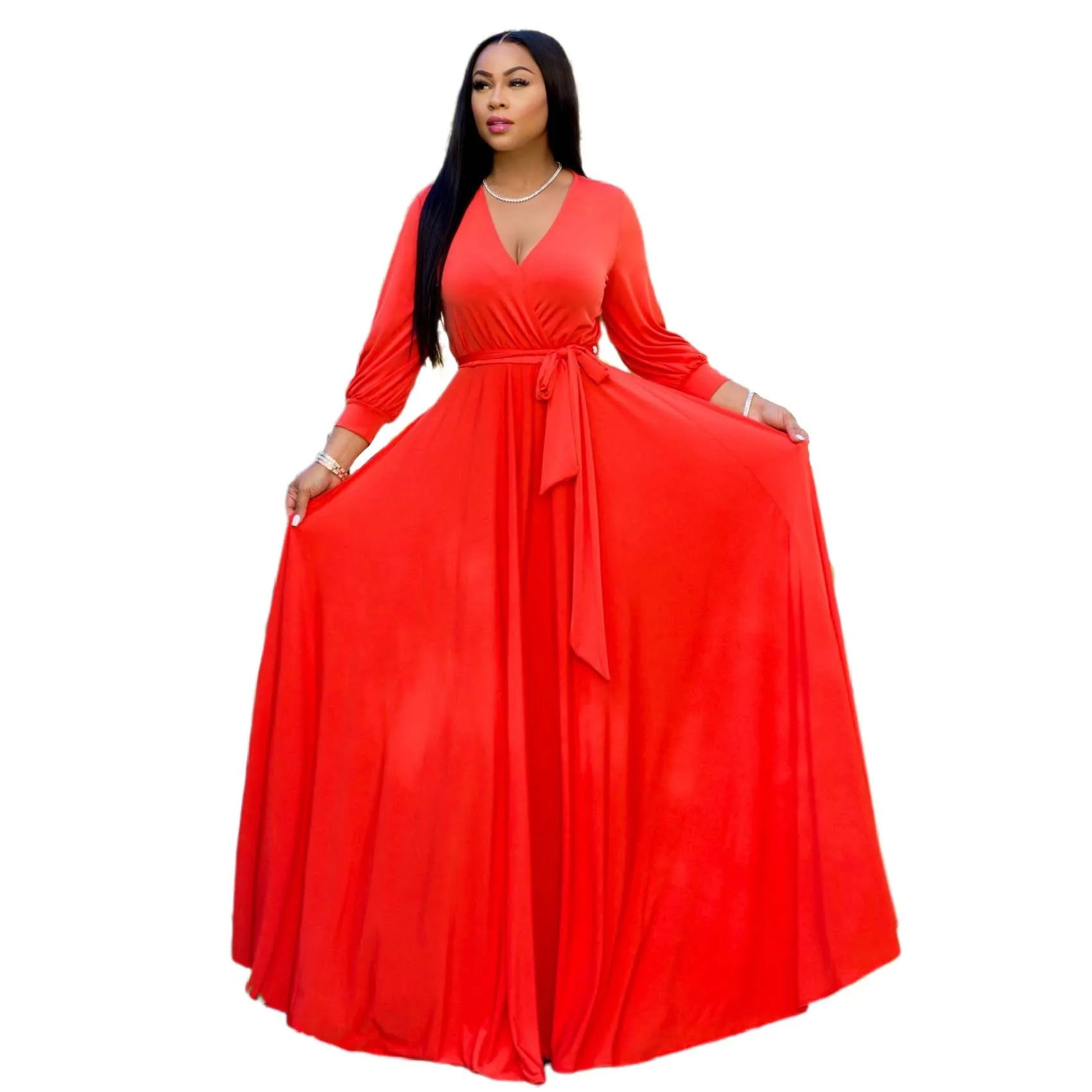 New Fashion Ladies Deep V Neck Long Sleeve Chiffon Dress Casual Pure Color Long Dress Women Plus Size Maxi Dresses