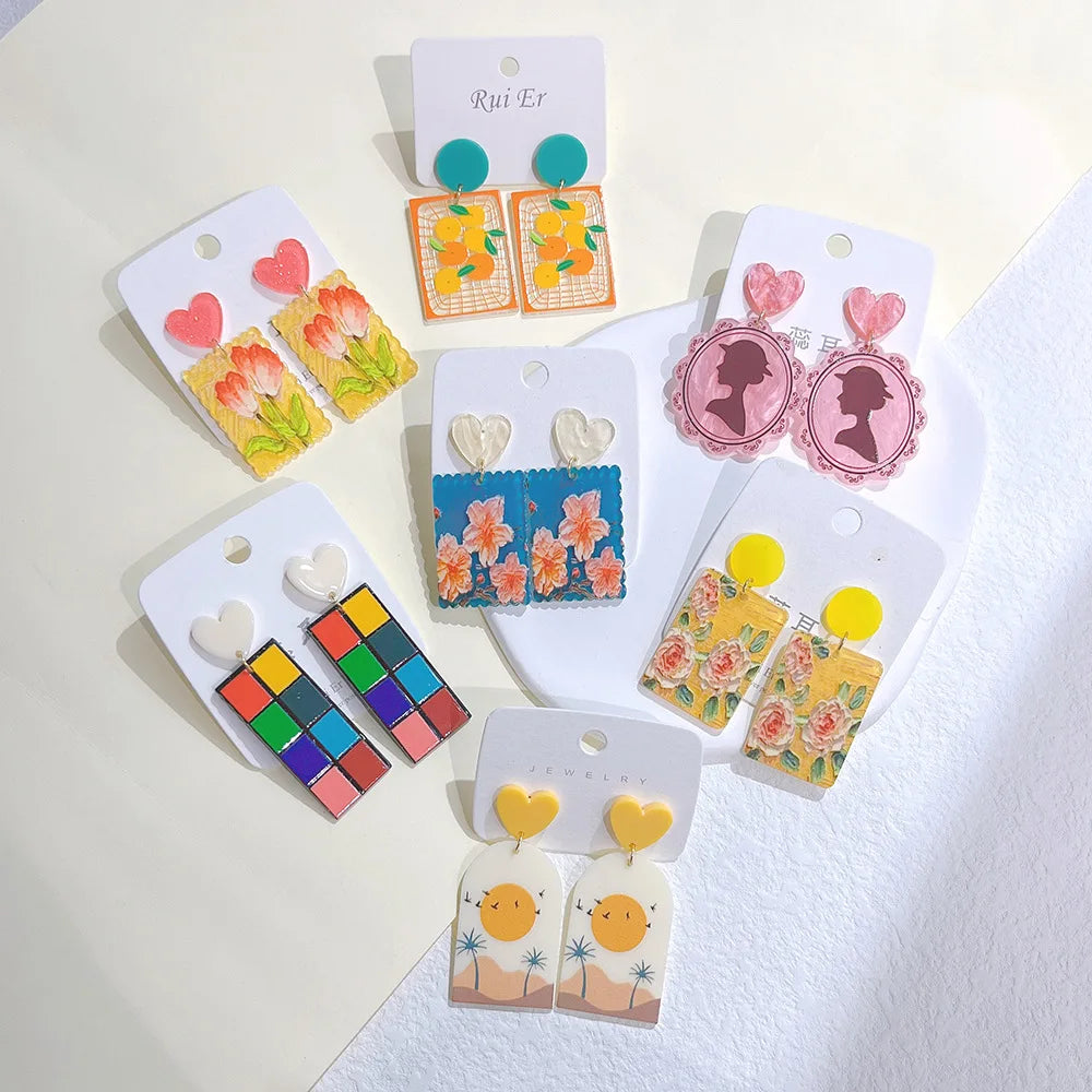 Ins Style S925 Silver Needle Cartoon Drop Earrings Colorful Graffiti Art Acrylic Earrings for Women and Girls