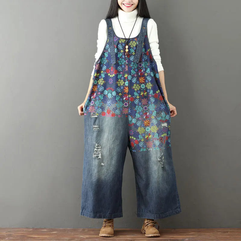 Boutique Wholesale of 2026 Spring New Printed Denim With Ground White Holes and Wide Leg Shoulder Straps for Women's Jumpsuits