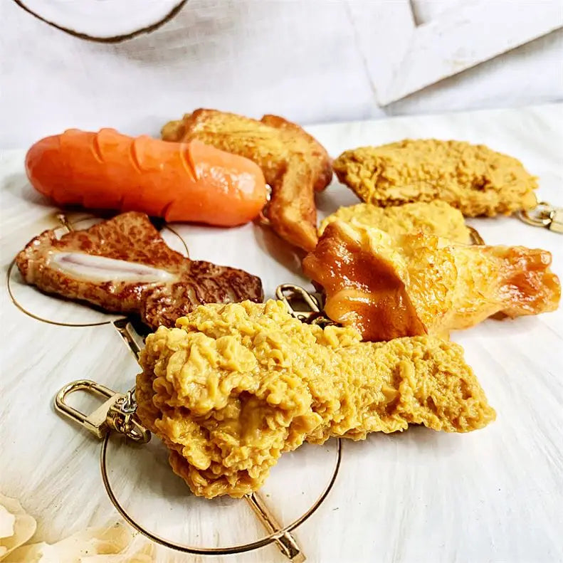 Simulation Realistic Food Pendant PVC Keychain Accessories Imitation Food Key Chains Fried Chicken Leg Chicken Wing Keychain