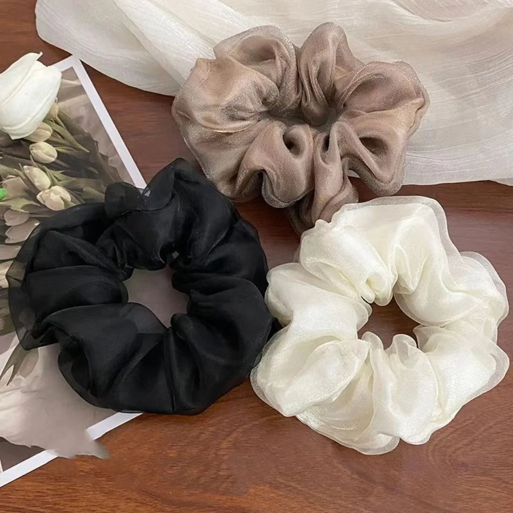 Small Cute Organza Wholesale Bulk Hair Accessories Black Double Layer Hair Rubber Ties Simple Plain Scrunchies