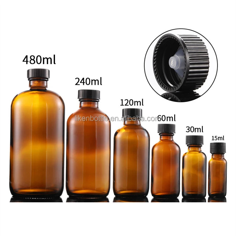 Wholesale 1/2oz 1oz 2oz 4oz 8oz 16oz 32oz Amber boston Round Glass Bottle with Screw Cap
