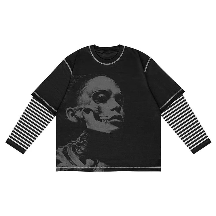 Manufacturer Custom Heavyweight 100%Cotton Oversize Contrast Stitching Tshirt  Printing Layered Stripes Sleeves Tshirts for Men