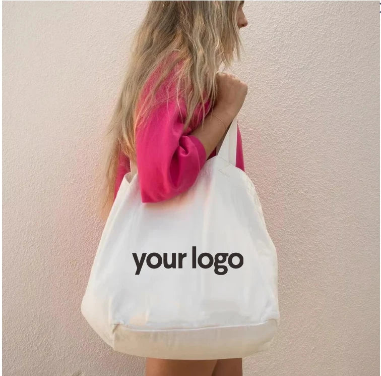 Customized Logo Printed Oversize Large Heavy Duty Portable Canvas Shopper Beach Grocery Shopping Gusset Tote Bag