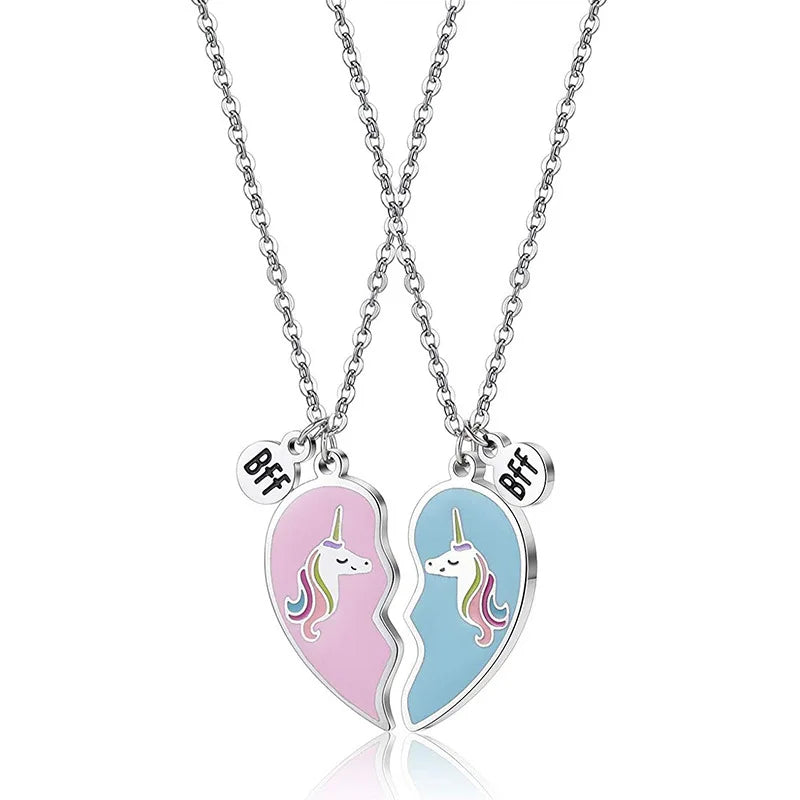 2 Pcs/Set Cute Best Friend BFF Couple Necklace Unicorn Heart Pendant Necklaces for Women Girls Horse Jewelry Gifts for Kids