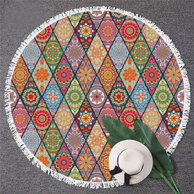 Boho Beach Mandalas Geometric Striped Flowers Round Beach Towel Fringed Strandlaken Microfiber Beach Blanket
