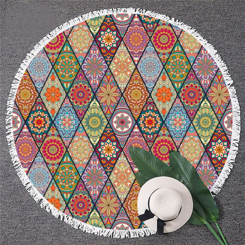 Boho Beach Mandalas Geometric Striped Flowers Round Beach Towel Fringed Strandlaken Microfiber Beach Blanket