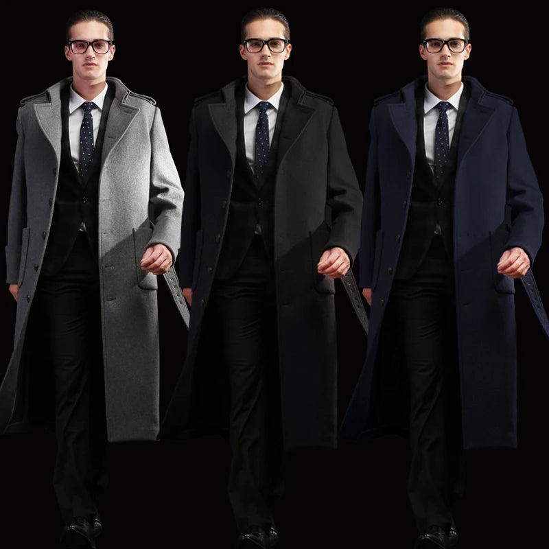 New Men's Wool Coat Long European and American Simple Suit Collar Solid Color Thick Men's Woolen Long Coat.