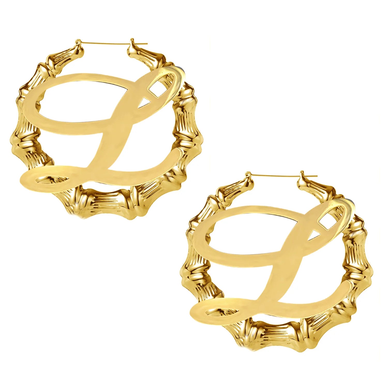 Go Party 30MM-100MM Personalized Bamboo Hoop Earrings Custom Initial Letters Name Gold Plate Stainless Steel Earrings for Women