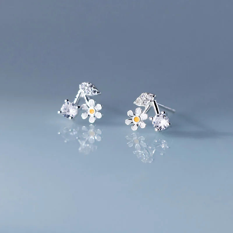 Fresh Elegant 925 Sterling Silver Zircon Enamel Daisy Flower Stud Earrings Women Wholesale