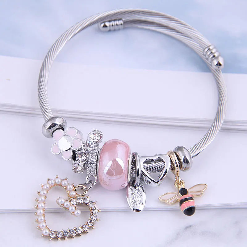 Top Sale Bee Love Pearl Diamond Pendant  Charm Bracelets Stainless Steel   Bangle Luxury Jewelry