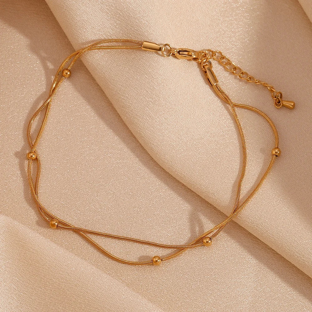 Dropshipping Fashion Jewelry Anklets Double Layer Beaded Stainless Steel Snake Chain Gold Plated Anklets for Women