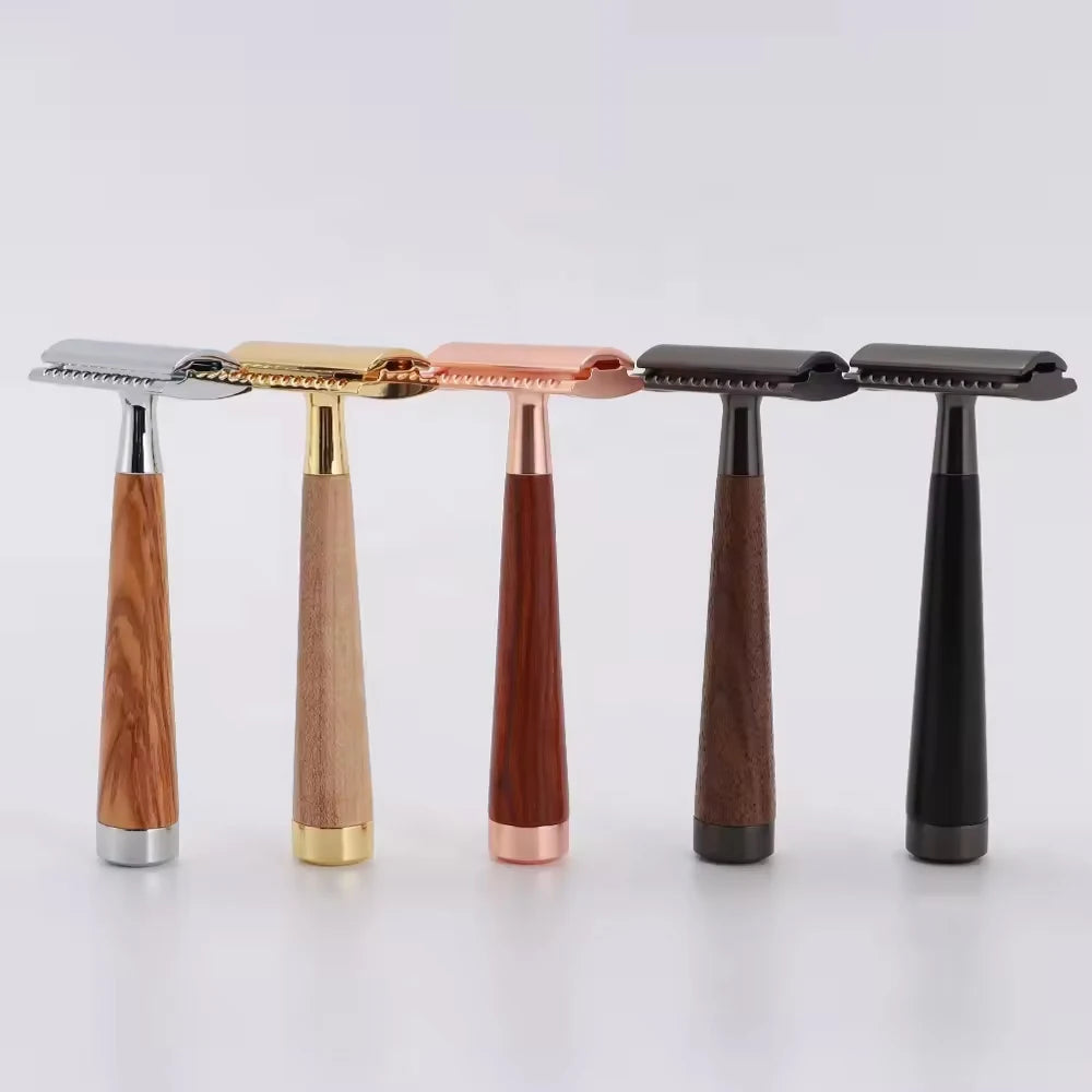Rose Gold Wood Shaving Razor Biodegradable Razor Shaving Barber Razor With Wooden Handle