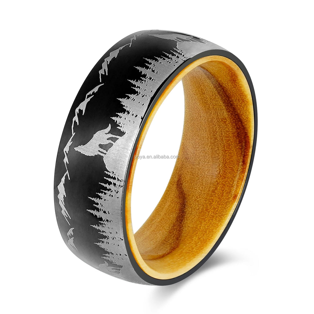 POYA 8mm Oliver Wood Liner Black Stainless Steel Ring With Laser White Wolf and Forest