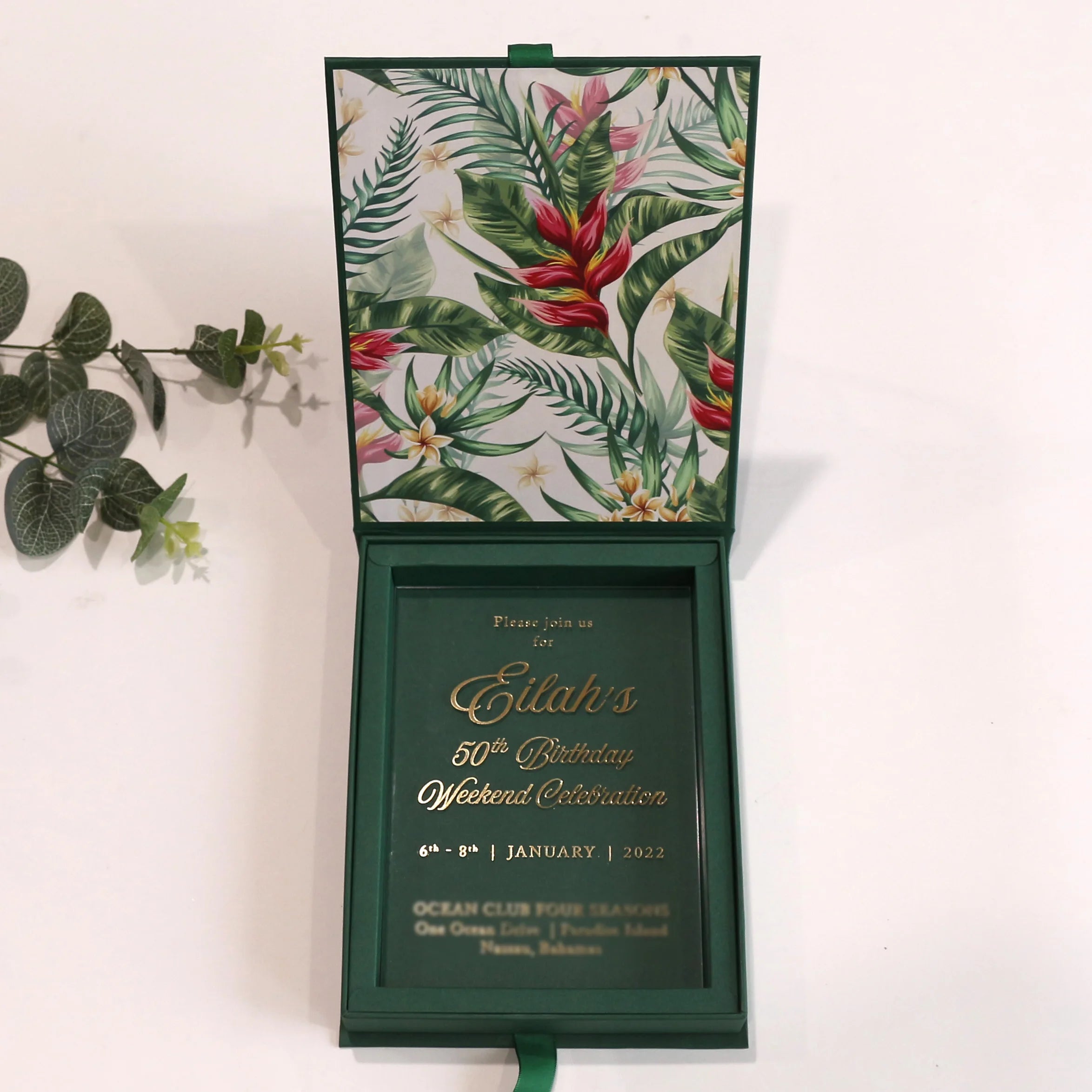 Gift Box Dark Green Palm Tree Tropical Theme Hardboard Box Wedding Invitation With Clear Foiled Acrylic Card