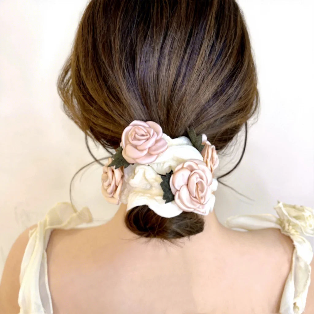 French Camellia Head Rope New Solid Color Large Intestine Hair Band Elastic Hair Bands for Women