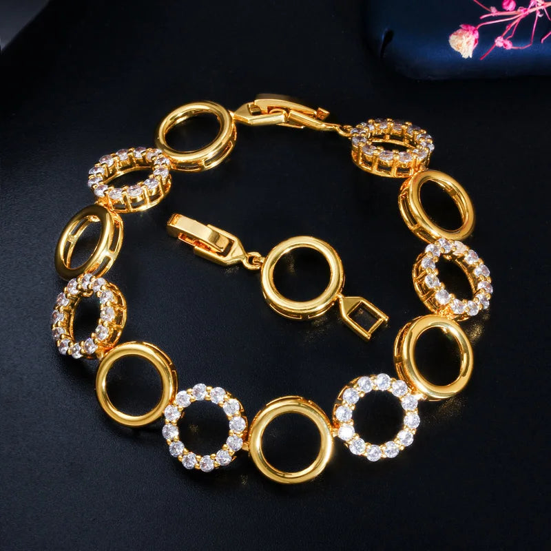 18k Gold Color Korean Fashion Chain Bangle Genuine Cubic Zircon Stone Round Circle Bracelet for Women Girl Valentine's Day Gift