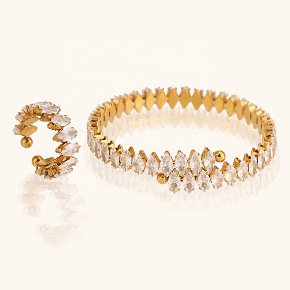 Dingran Fashion Zircon Open Cuff Adjustable Bracelet Stainless Steel Rings and Bracelet Necklace Set for Women