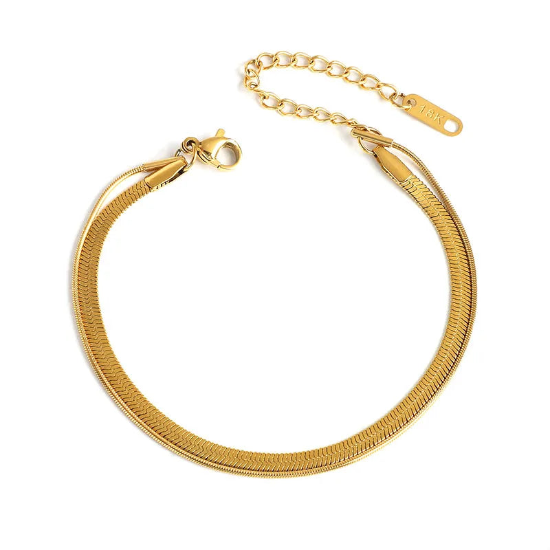 Wholesale Custom 18K Gold Plated Double Layer Flat Herringbone Snake Chain Bracelet Trendy Geometric Stainless Steel Jewelry