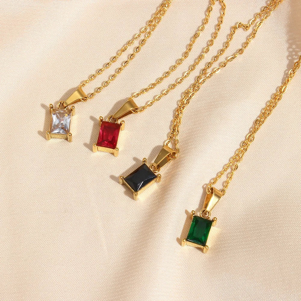 Dreamshow Jewelry Square Cubic Zircon Stone Pendant Necklace Red Green Black White Gemstone Pendant Necklace