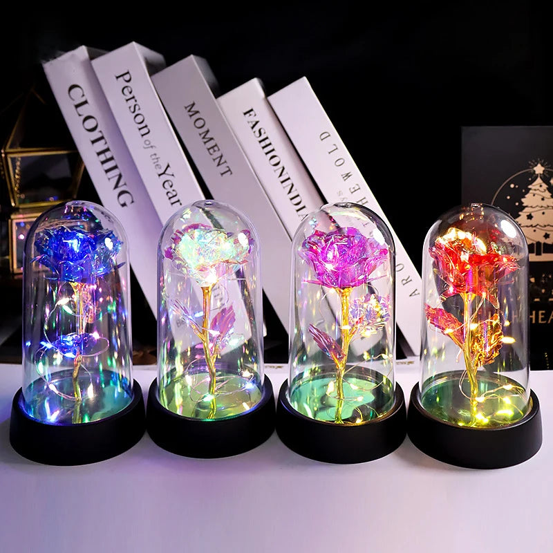 2026 Hot LED Light Galaxy Rose Novelty Preserve Flower Gift with Plastic Dome for Christmas Valentine's Day Mother's Day