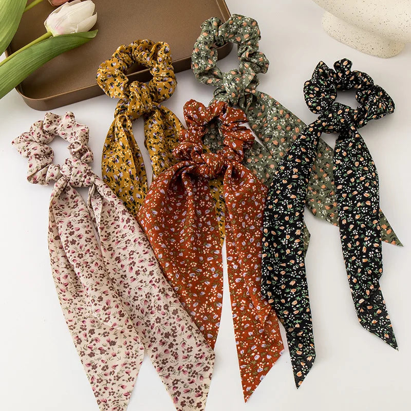 New Women Hair Accessories Girls Ponytail Holder Elastic Scrunchies Floral Long Scarf Chiffon Scrunchies